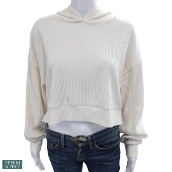 Alo Yoga Muse Hoodie Ivory Ribbed Cropped Pullover Soft Loungewear Studio Street - Picture 3 of 13